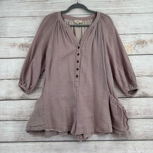 Mable 1/2 Button Linen Blend Romper Womens Small Purple Lavender V-Neck - Picture 1 of 11